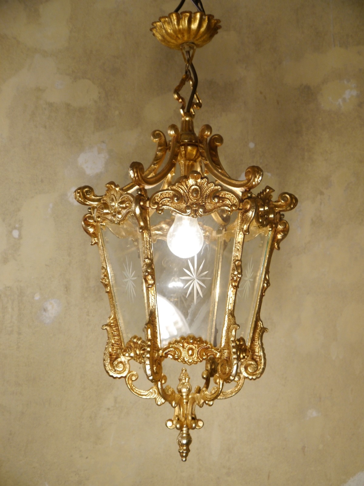 Antique French Brass Lantern Chandelier Glass Gold Bronze Ø 14” Hall Lamp