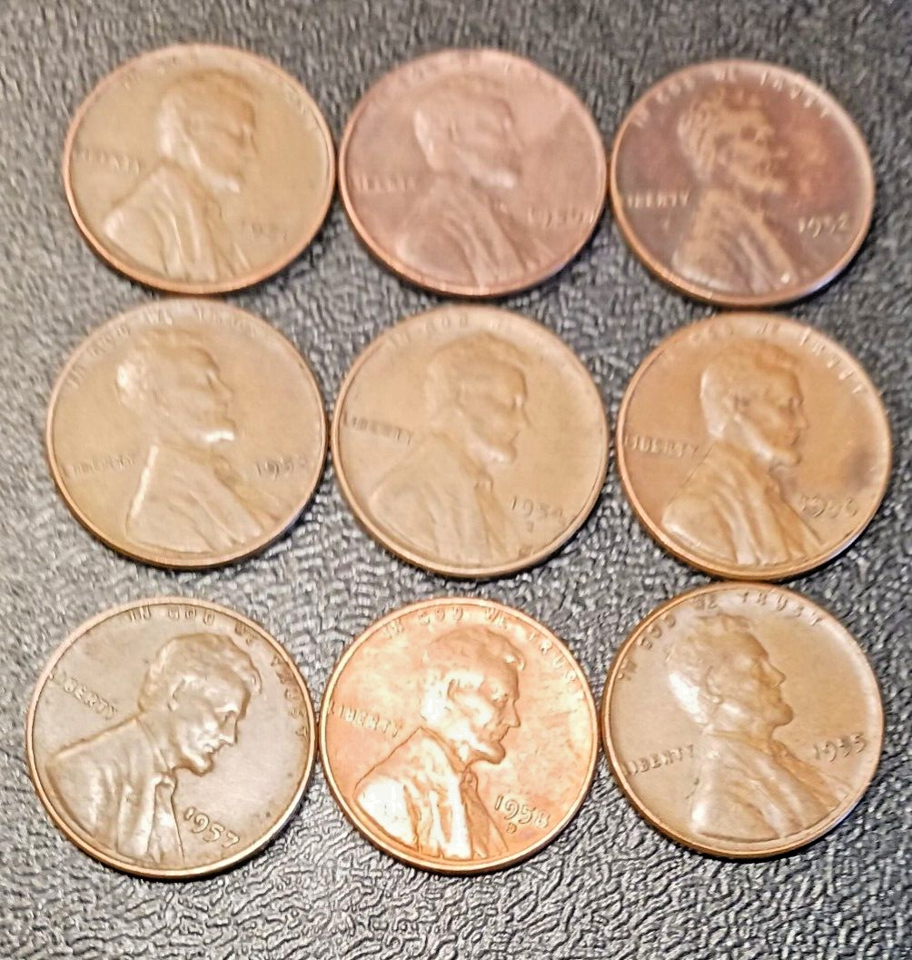 1950 – 1958 USA LINCOLN WHEAT PENNIES – LOT OF 9COINS