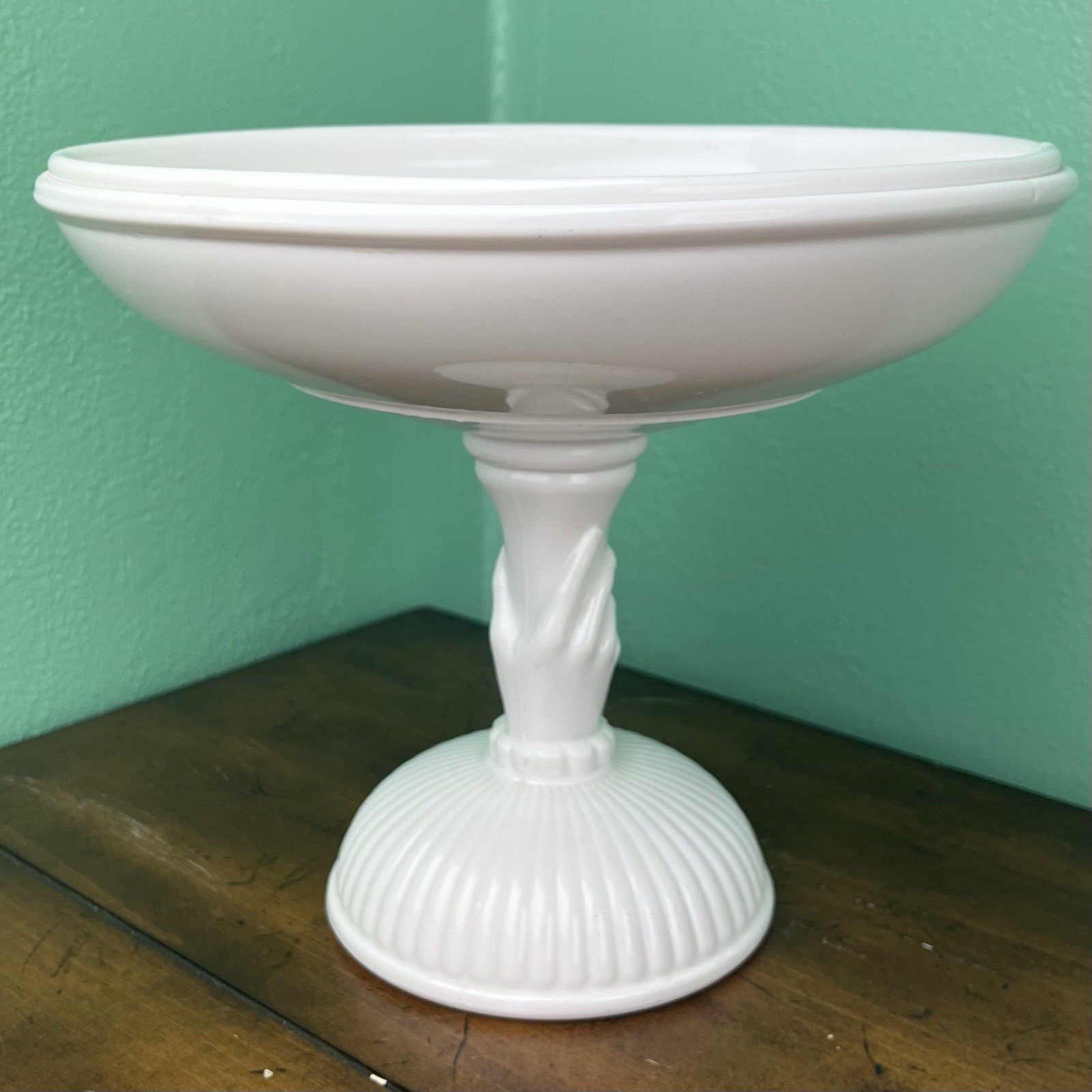 Antique Atterbury milk glass pedestal compote dish hand stem Atlas dish White