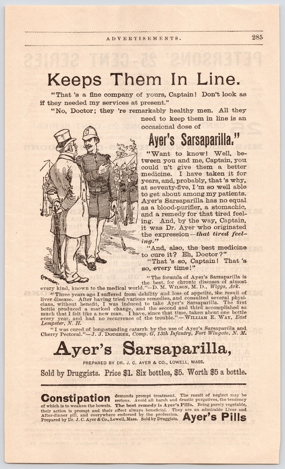 1880s~Ayer’s Sarsaparilla~Liver Pills~Quack Medicine~Mass~Victorian Art Print Ad