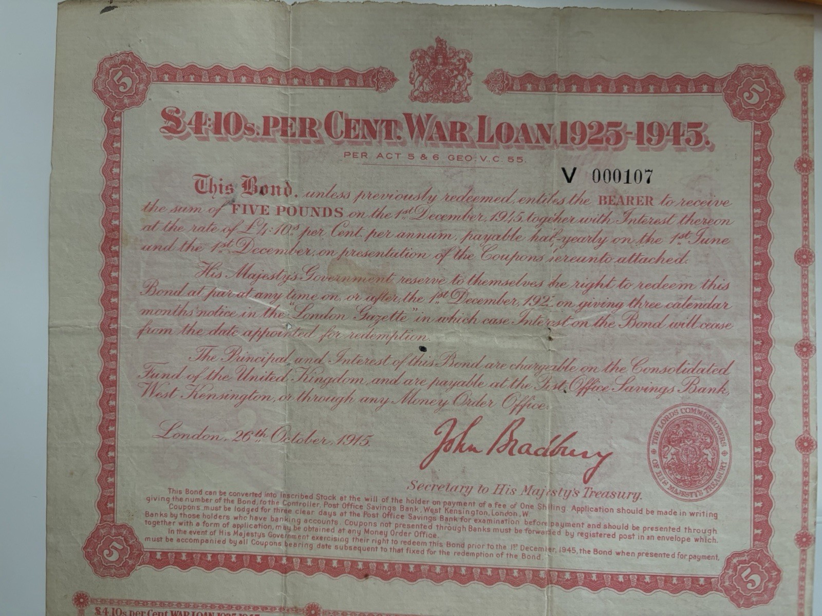 1915 Stock bond United Kingdom War Loan Certificate Signed John Bradbury England