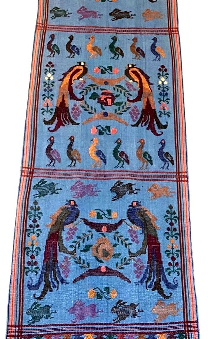 Peacock Birds & Animal Handwoven Blue Runner Fringed Ends 86″L x15.5″W Guatemala