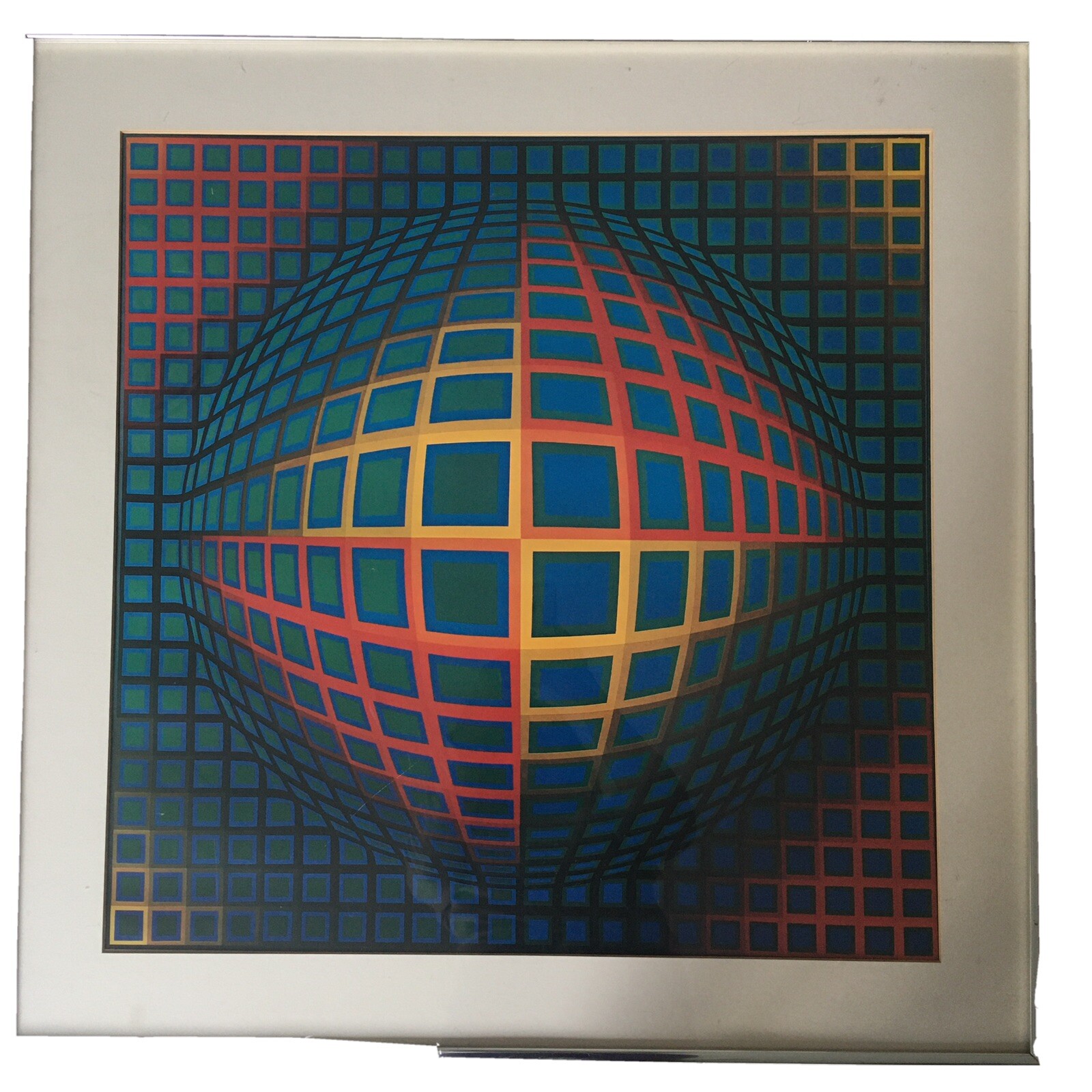 Vasarely Vega Nor Mid-century Blue Green Optical Print Poster Framed 30×30”