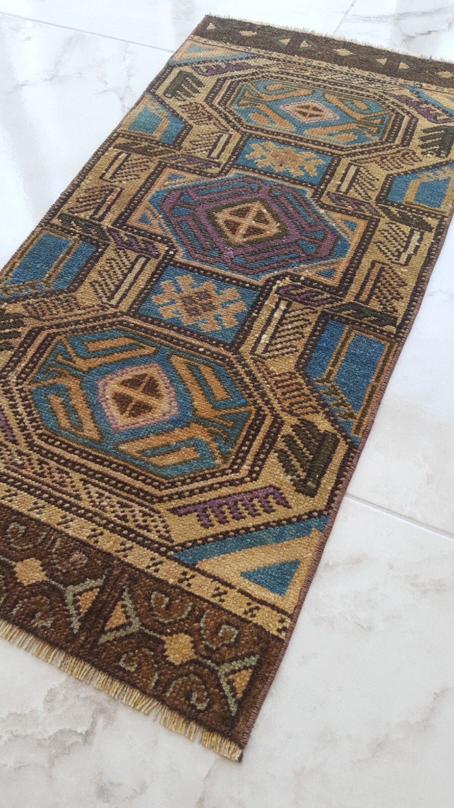 Rare Unique Antique Rug Geometric Special Carpet Blue Handmade Wool Rug