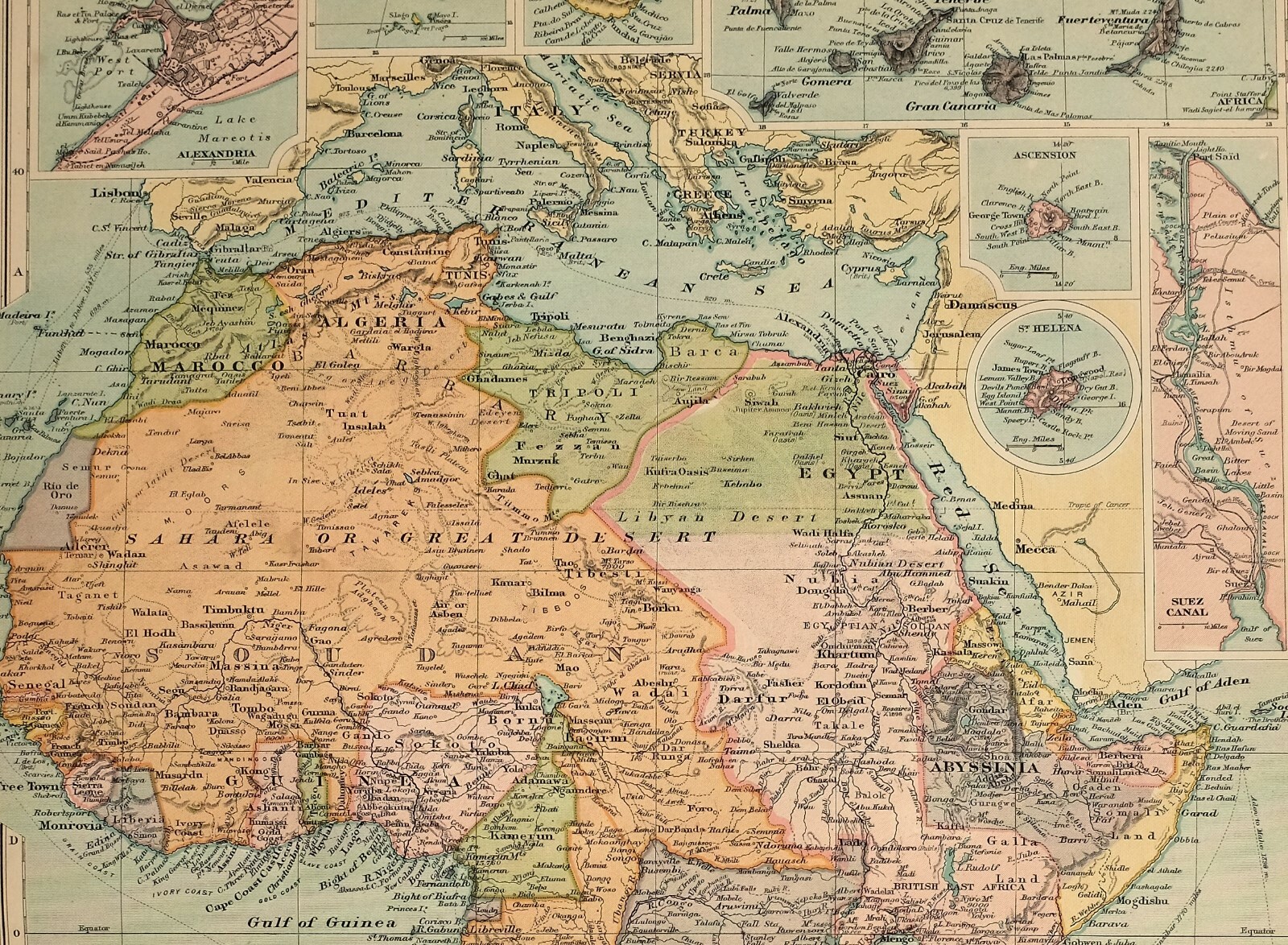 1908 MAP AFRICA MAURITIUS CONGO STATE GUINEA SOUDAN MAROCCO ST HELENA EGYPT