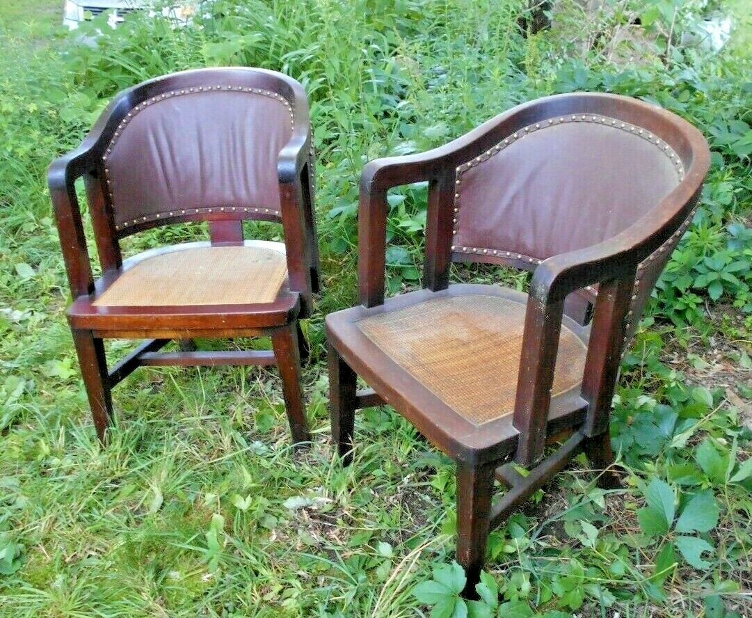 ANTIQUE PAIR OF SOLID MAHOGANY BANKERS CHAIRS WITH CANE SEATS