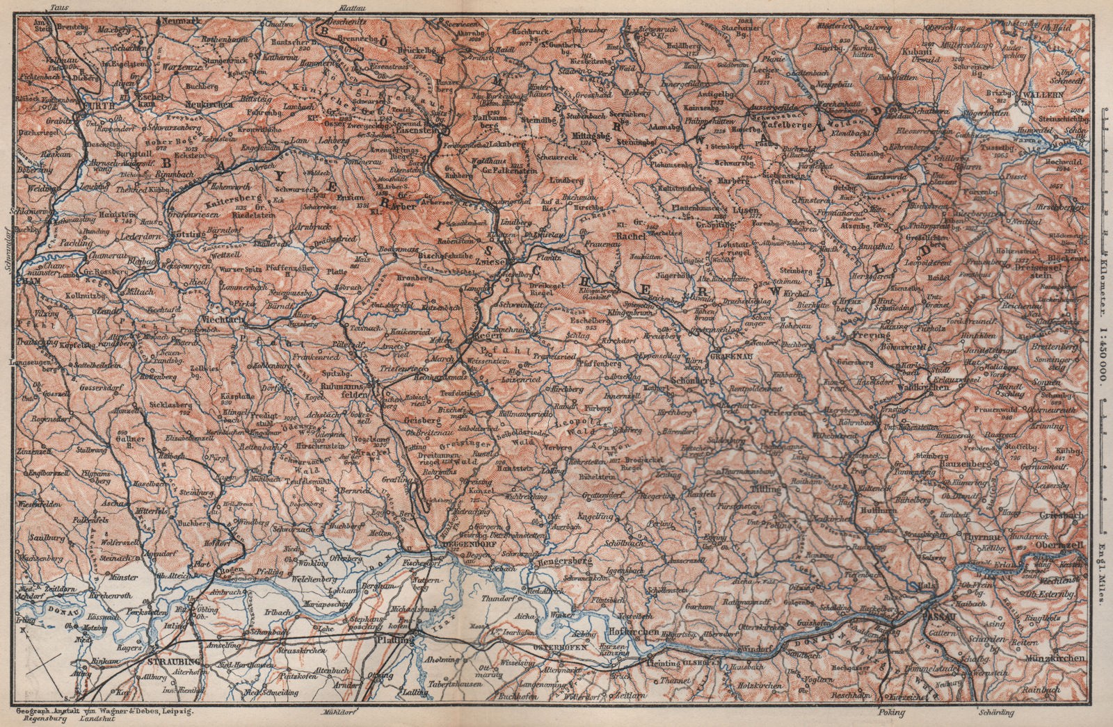 BAYRISCHERWALD. Bavarian Forest Cham Passau Böhmerwald karte. BAEDEKER 1895 map