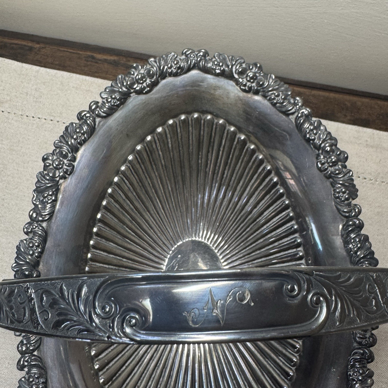 Antique EPNS Silver Plated Swing Handle Fruit Basket Bon Bon Bowl Monogram N