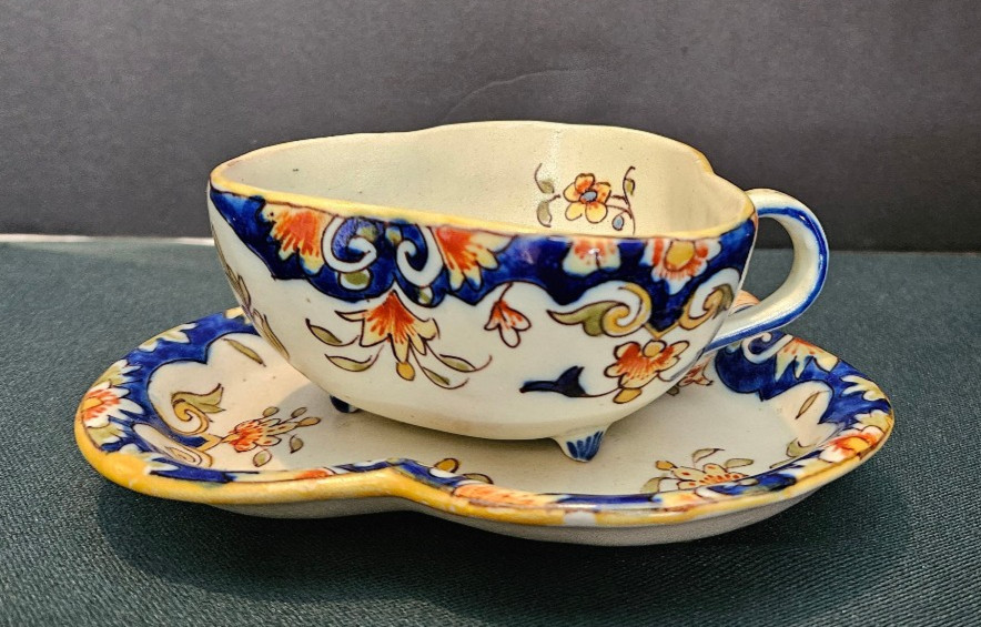 Antique Teacup French Faience Desvres Rouen 19th Century With Coat of Arms
