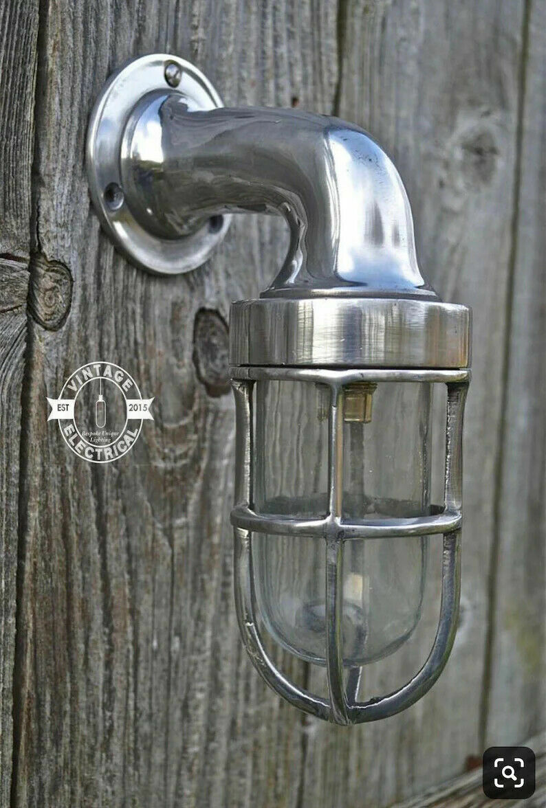 Antique Solid Polished Nickel Caged Bulkhead Industrial Wall Light