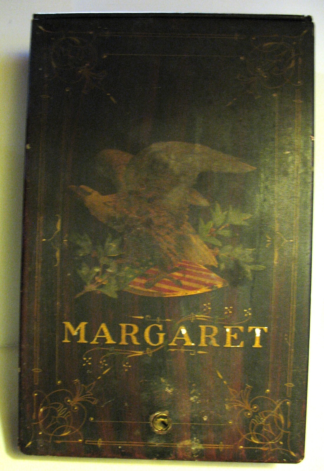 1800s Large Tin Patriotic Toleware Security Lock Box Personalized Margaret