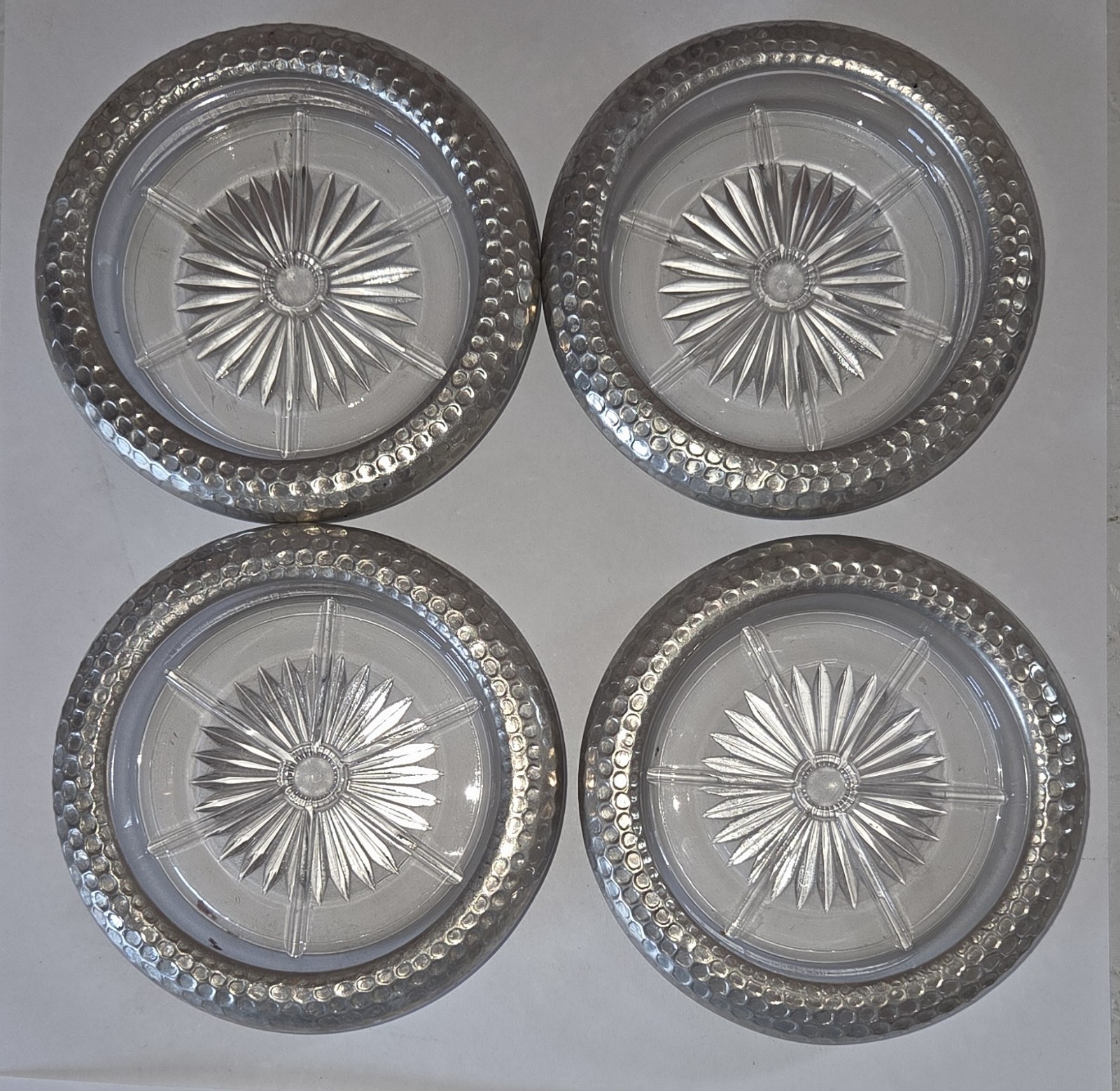 4 Vintage Silver and Cut Glass Coasters Sun Burst Pattern