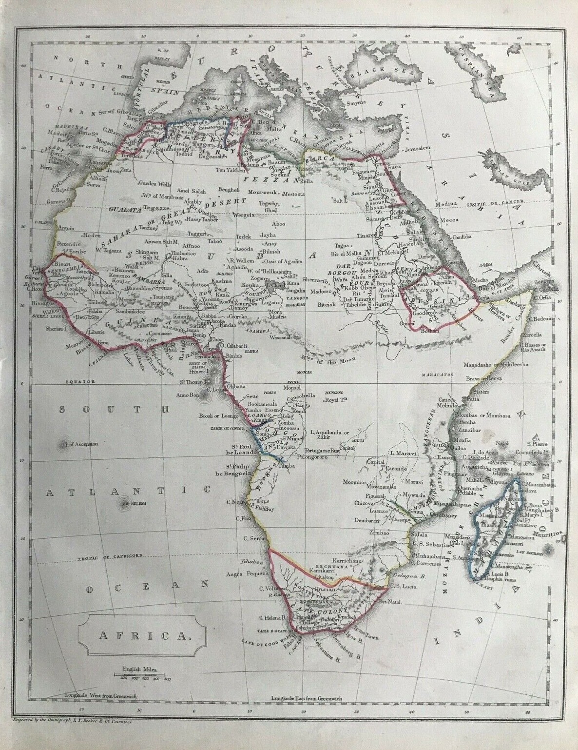 1842 Antique Map; Africa by F.P. Becker