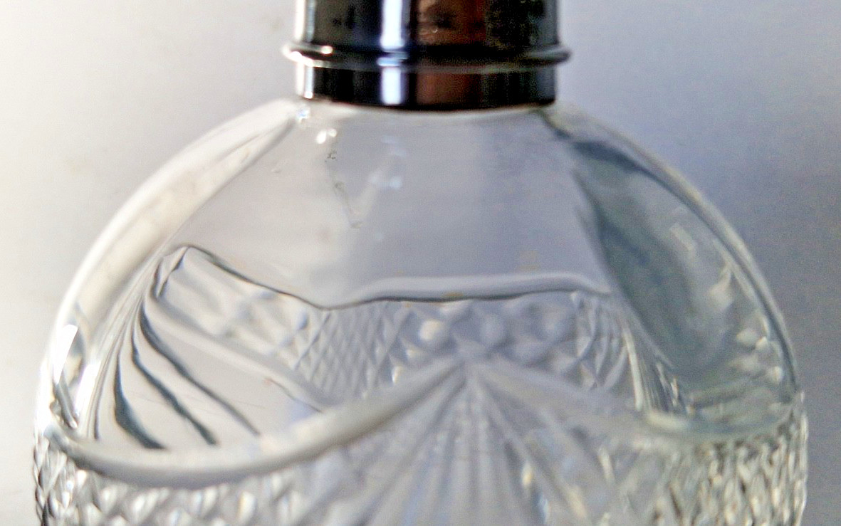 WWI OPTIC PANEL GLOBULAR PERFUME SCENT BOTTLE SWAG CUT, SILVER LID & NECK 1914