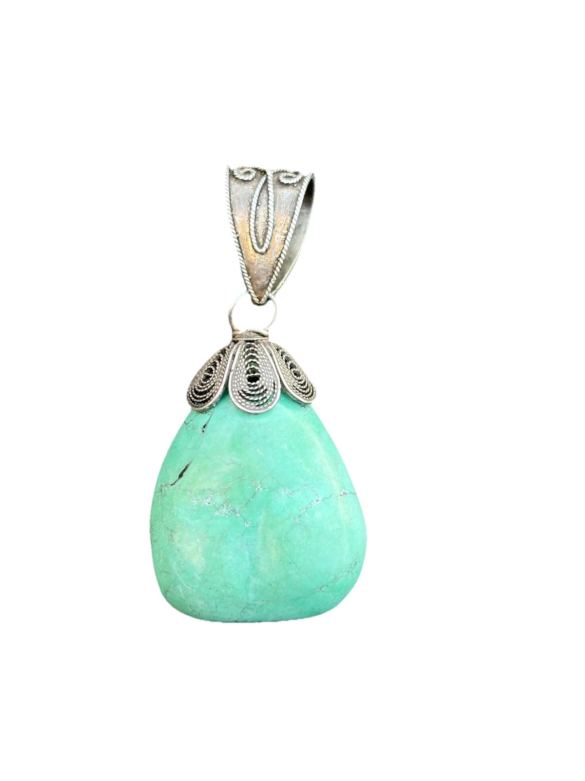 Antique Chinese Sterling Silver Filigree Natural Turquoise Nugget Pendant BJ
