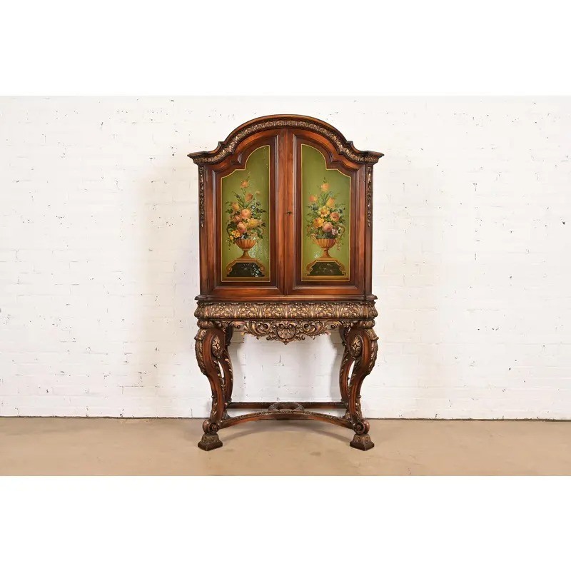 Berkey & Gay Style Antique Jacobean Hand Painted Bar Cabinet, Circa 1920s