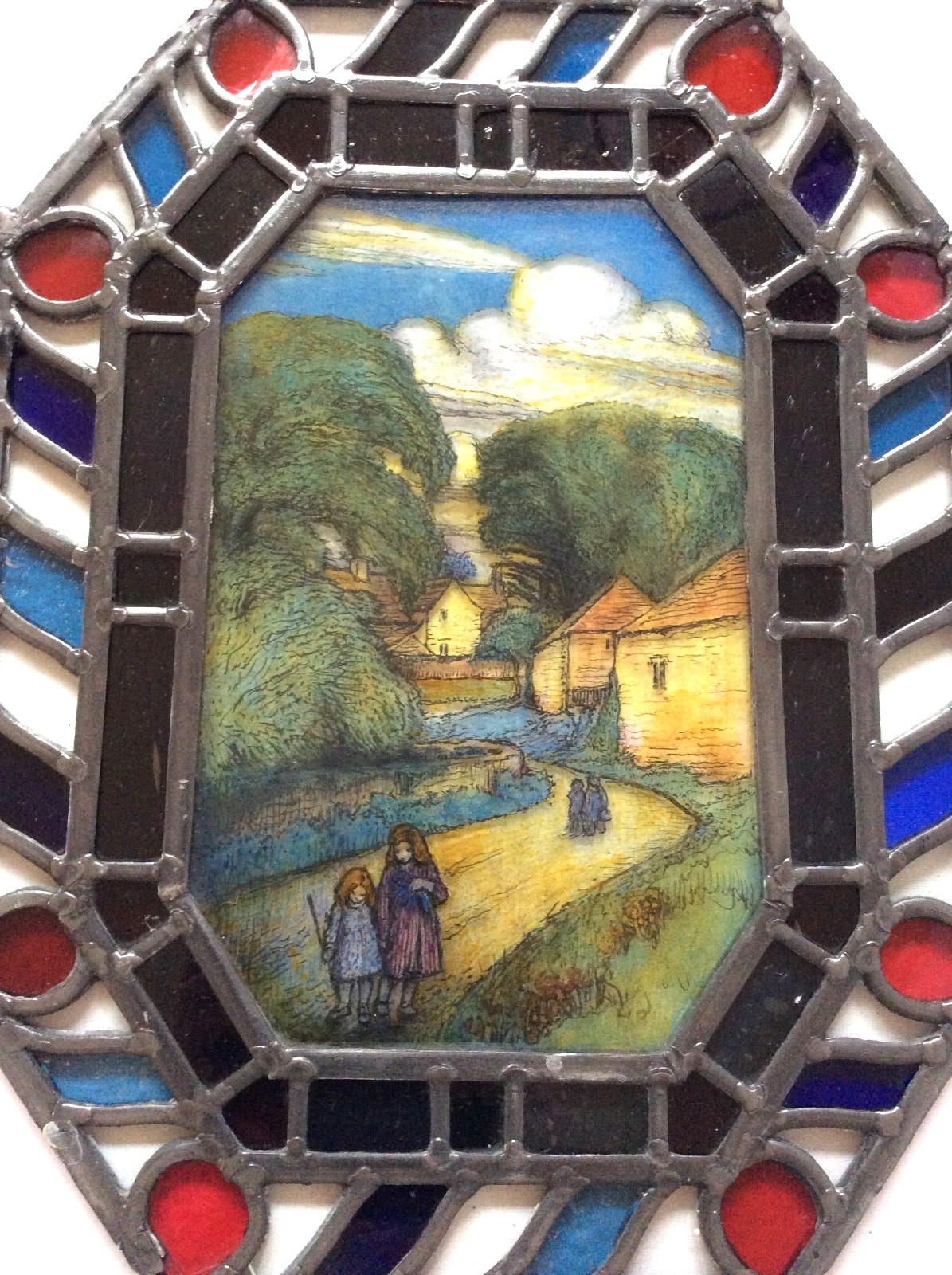 STAINED AND PAINTED LANDSCAPE GLASS ANTIQUE PANEL .SIGNED? VGC. 1 0F 2 RESCUED.