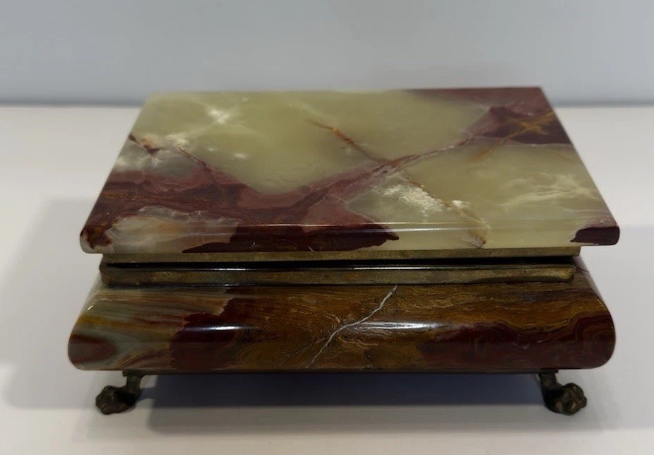 Green Onyx Marble Footed Trinket Jewelry Box Polished Stone Vintage Mid Century