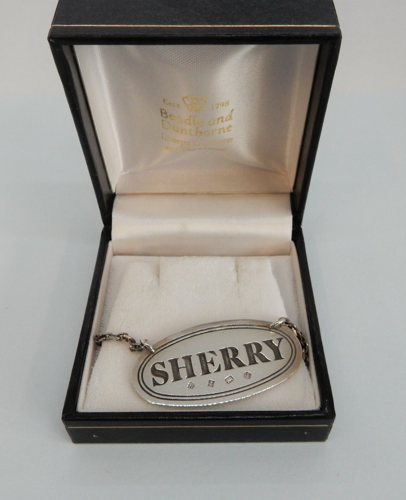 BOXED Oval SOLID Silver ‘SHERRY’ Wine LABEL Birmingham 1983 Charles S Green & Co