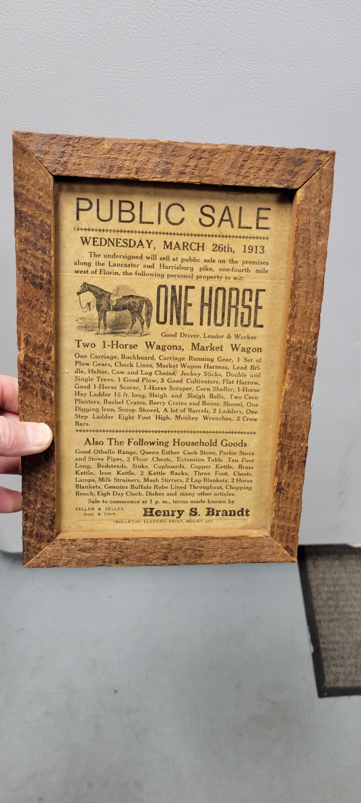 Vintage PA Dutch Primitive 1913 Mount Joy Pa Bulletin Advertising Auction Poster