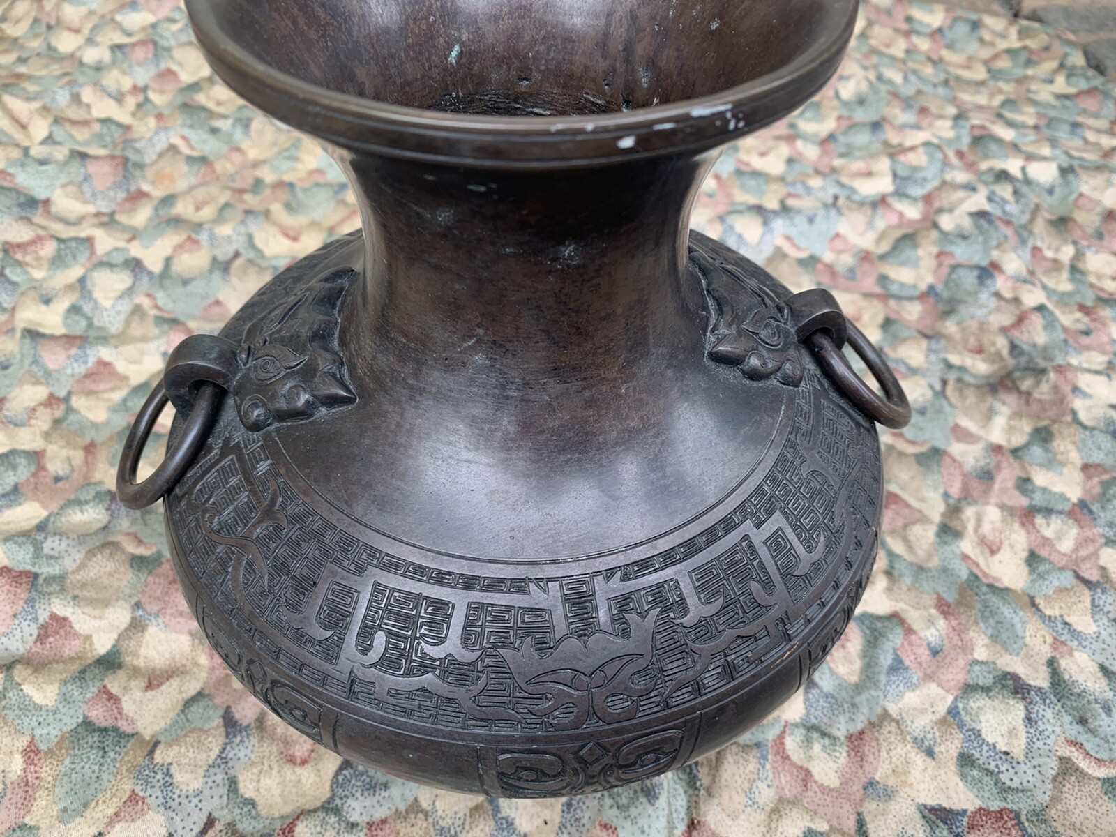 RARE Antique Chinese Bronze 2 Handle Vase 10in Tall