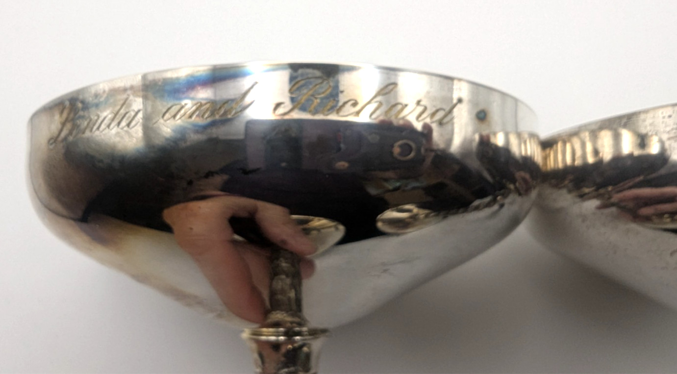 F.B. ROGERS Silverplate Coupe Champagne Glasses Set 2 Italy Engraved Vintage Bar
