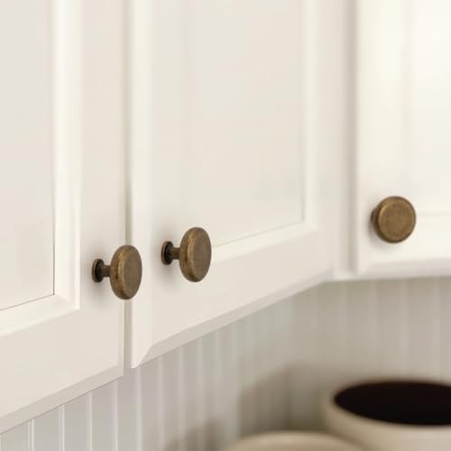 10 Pack Antique Brass Cabinet Knobs 1.25″ Round Vintage Drawer Pulls Hardware