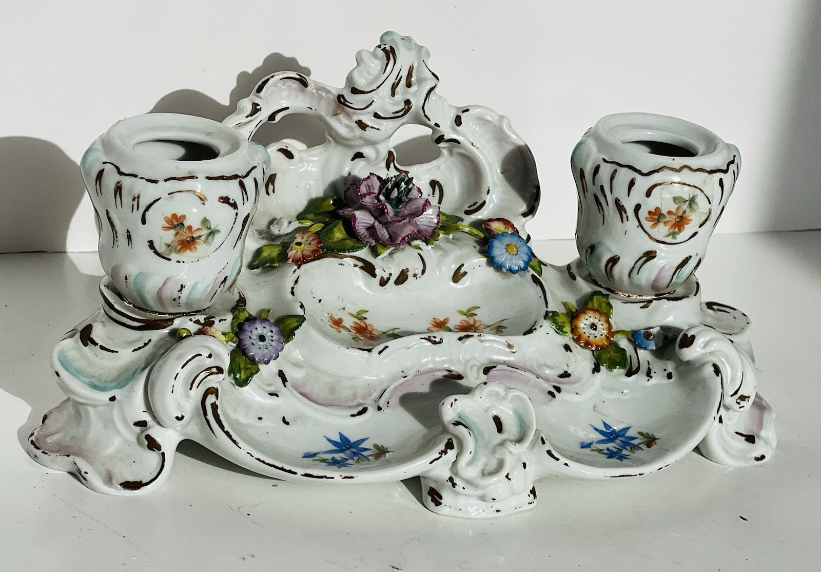 Antique 1800s Sitzendorf Germany Porcelain Double Inkwell Handpainted