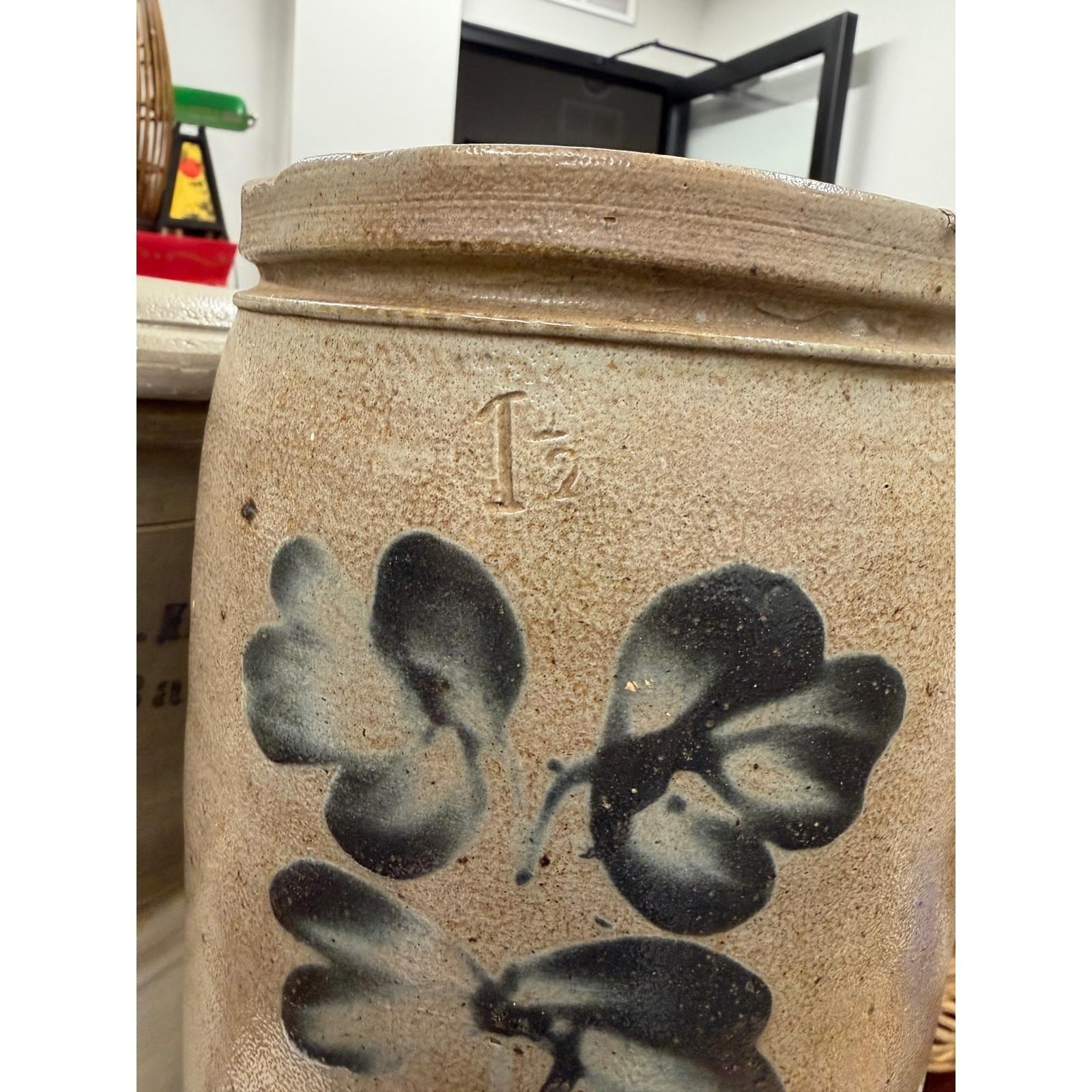 Antique Peter Hermann Baltimore Double Clover Salt Glazed Stoneware Crock 1.5gal
