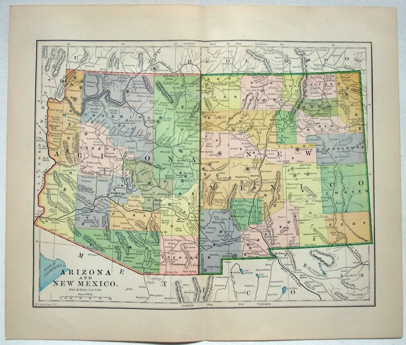Arizona + New Mexico – Original 1895 Map by Hunt & Eaton. Antique