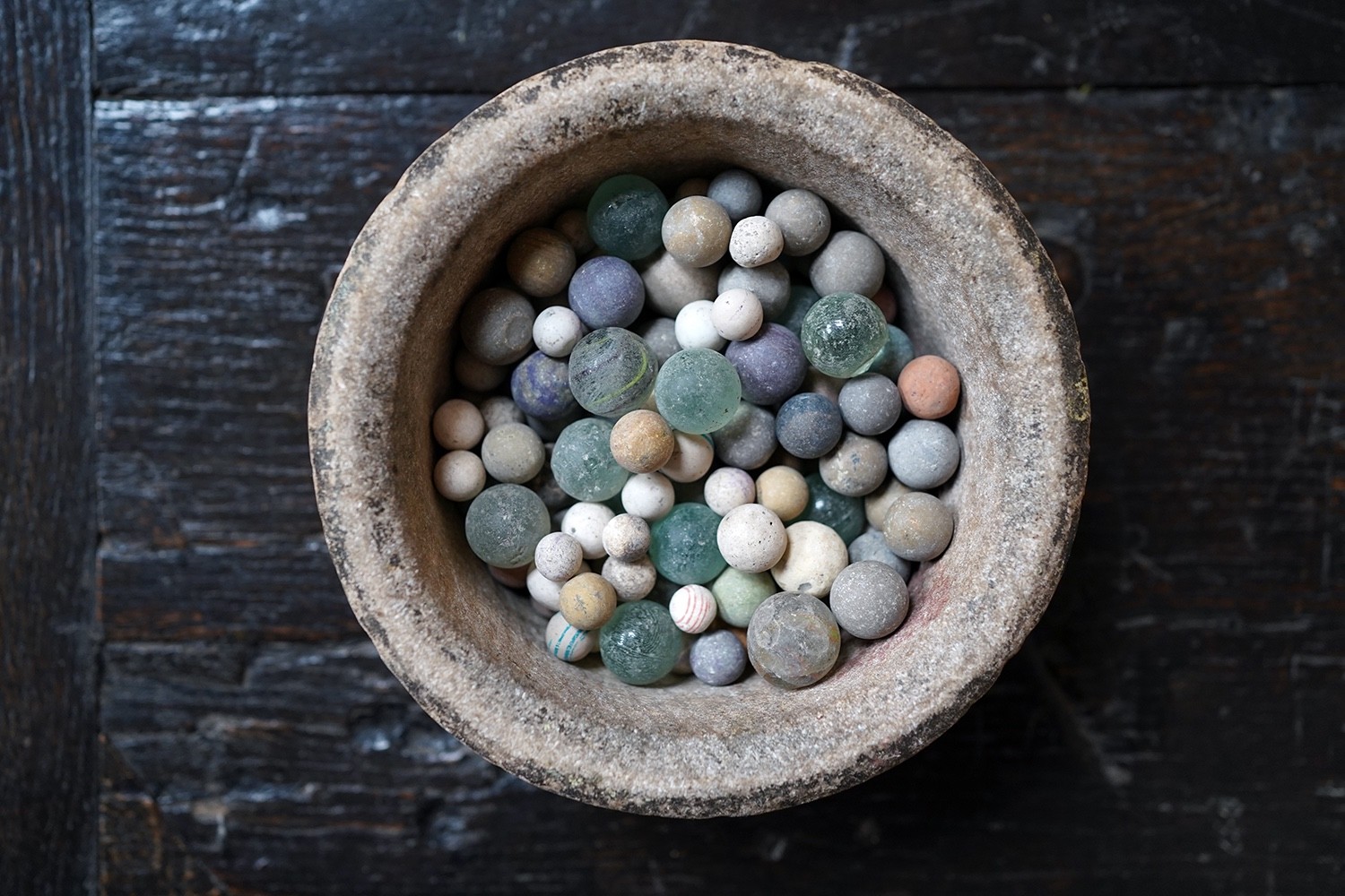 Antique Late 19thC Indian Marble Bowl & A Collection of Clay & Glass Marbles