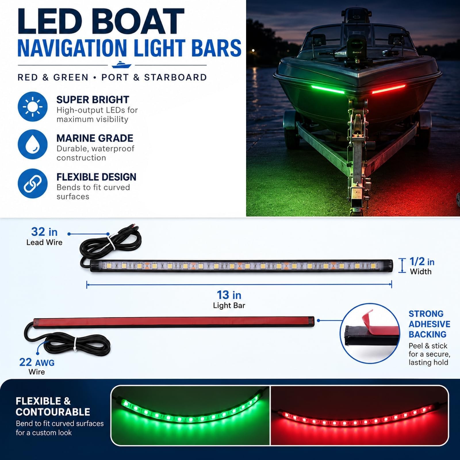 Navigation Lights – LED Bow Lights, Green & Red, Night Fishing, Deck, IP67 Wa…