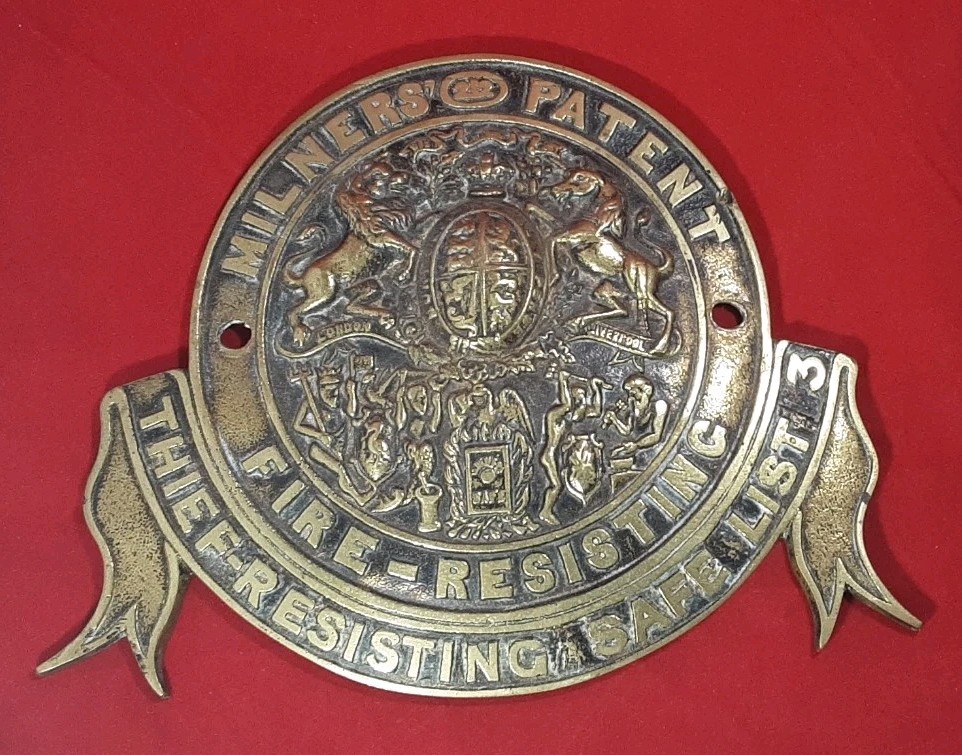 Antique Solid Brass Milners Fire – Resisting Safe Plaque ‘212’ 8 inches
