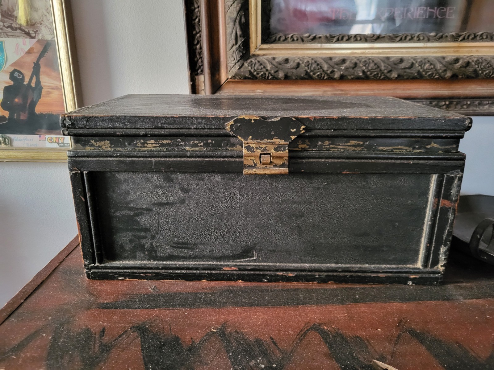 Antique Wooden Black Document Box EARLY STORAGE BOX 1800’s Farmhouse COUNTRY