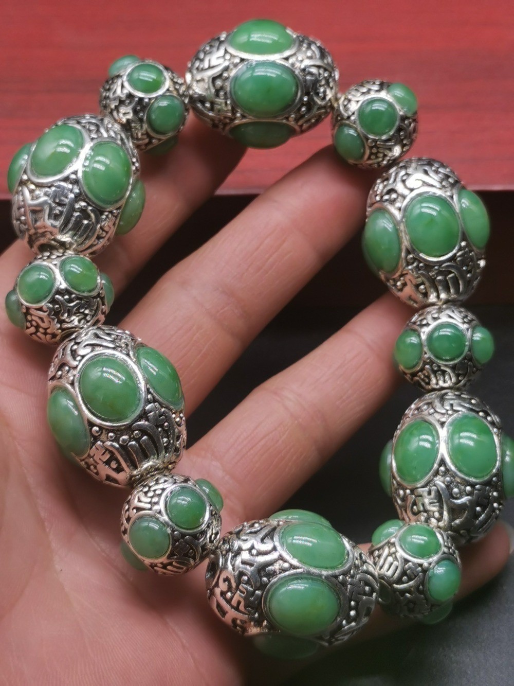 Old Tibetan Silver Inlaid Green Jade Beaded Bracelet Ethnic Boho Jewelry