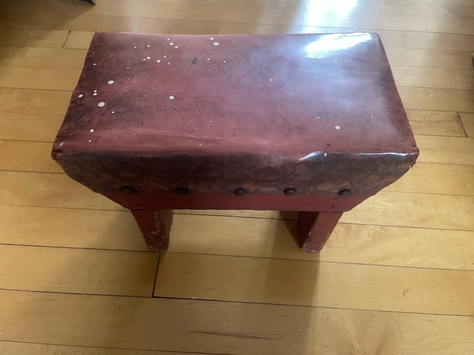 Antique Primitive Leather And Wood Foot Stool Craftsman