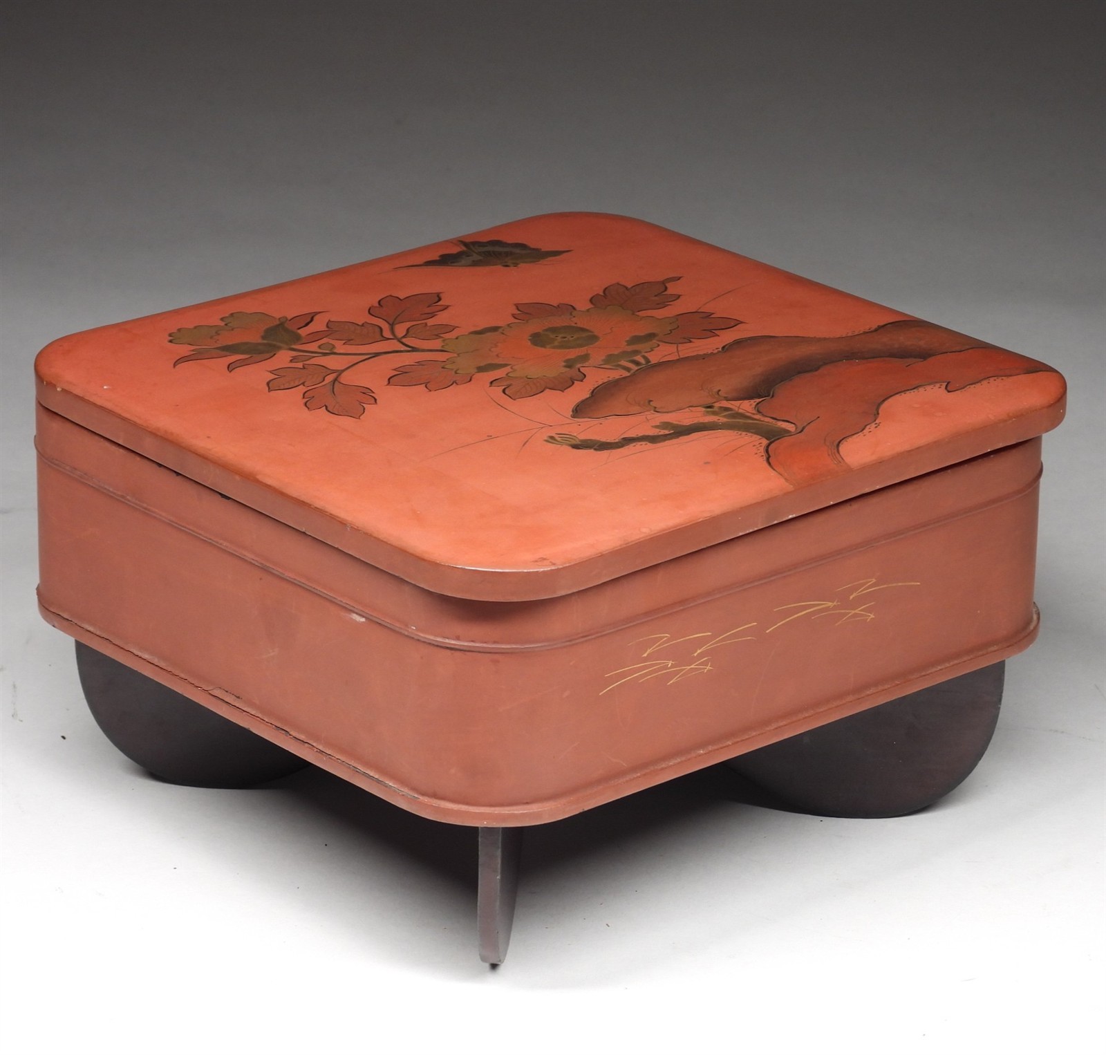 Vintage Japanese Taisho Period Carved Wood & Gilt Lacquer Storage Box