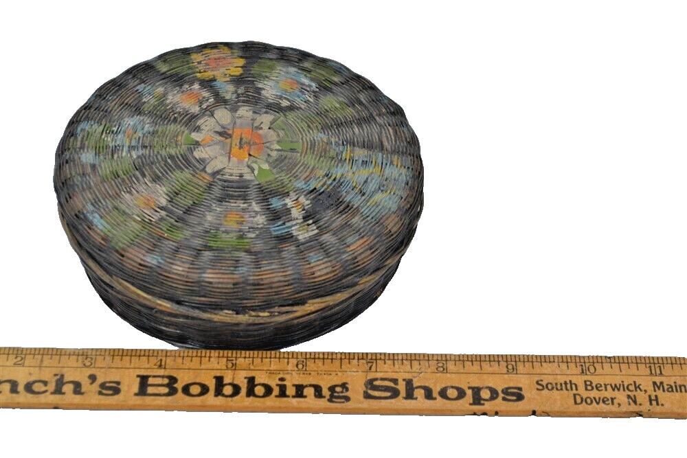 antique sewing basket split willow small hand painted top w/contents 1940s