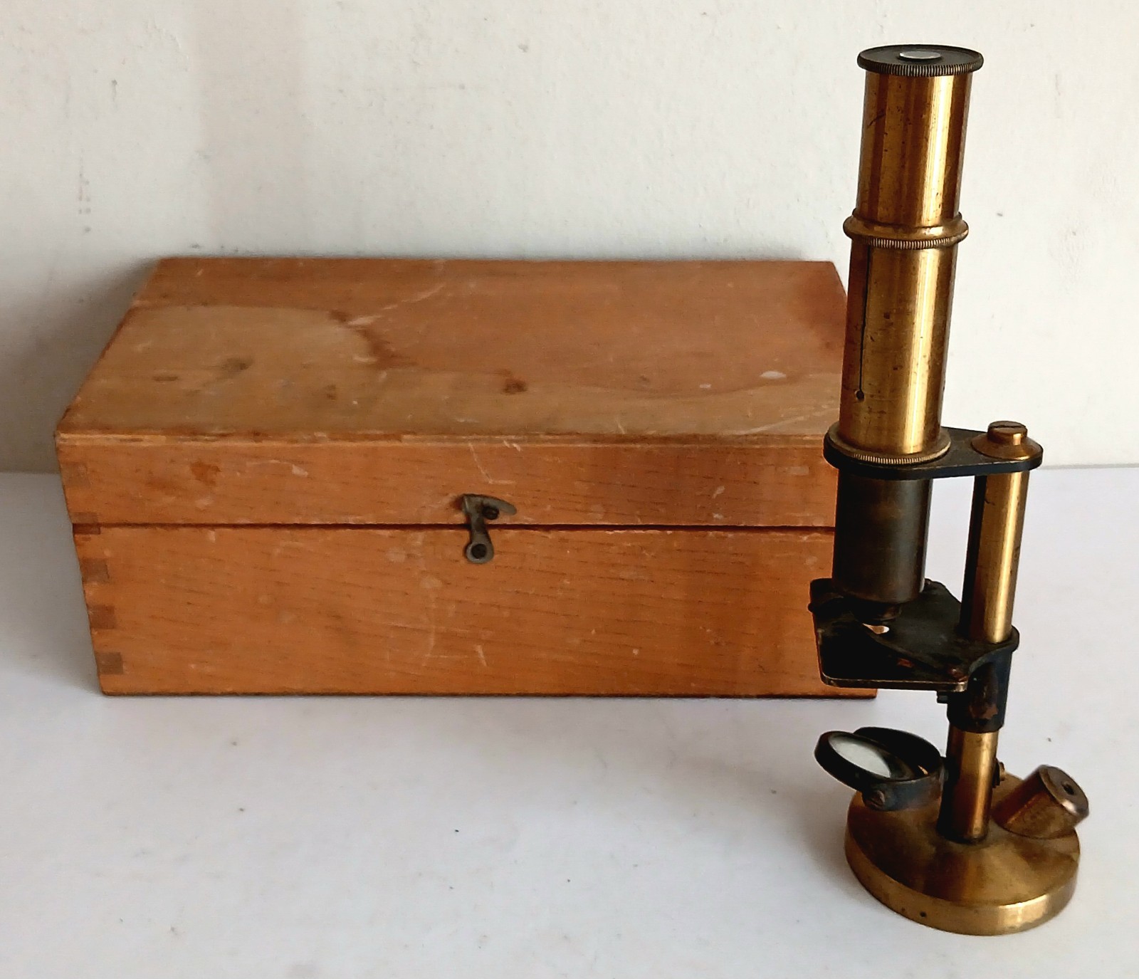 Antique Brass Field Monocular Microscope in Wooden Case. Vintage Field Microscop