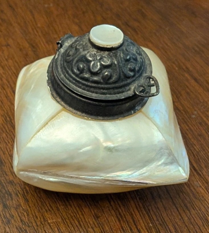 Vtg Delicate Mother of Pearl White Shell Metal Powder Perfume Bottle Trinket 2″