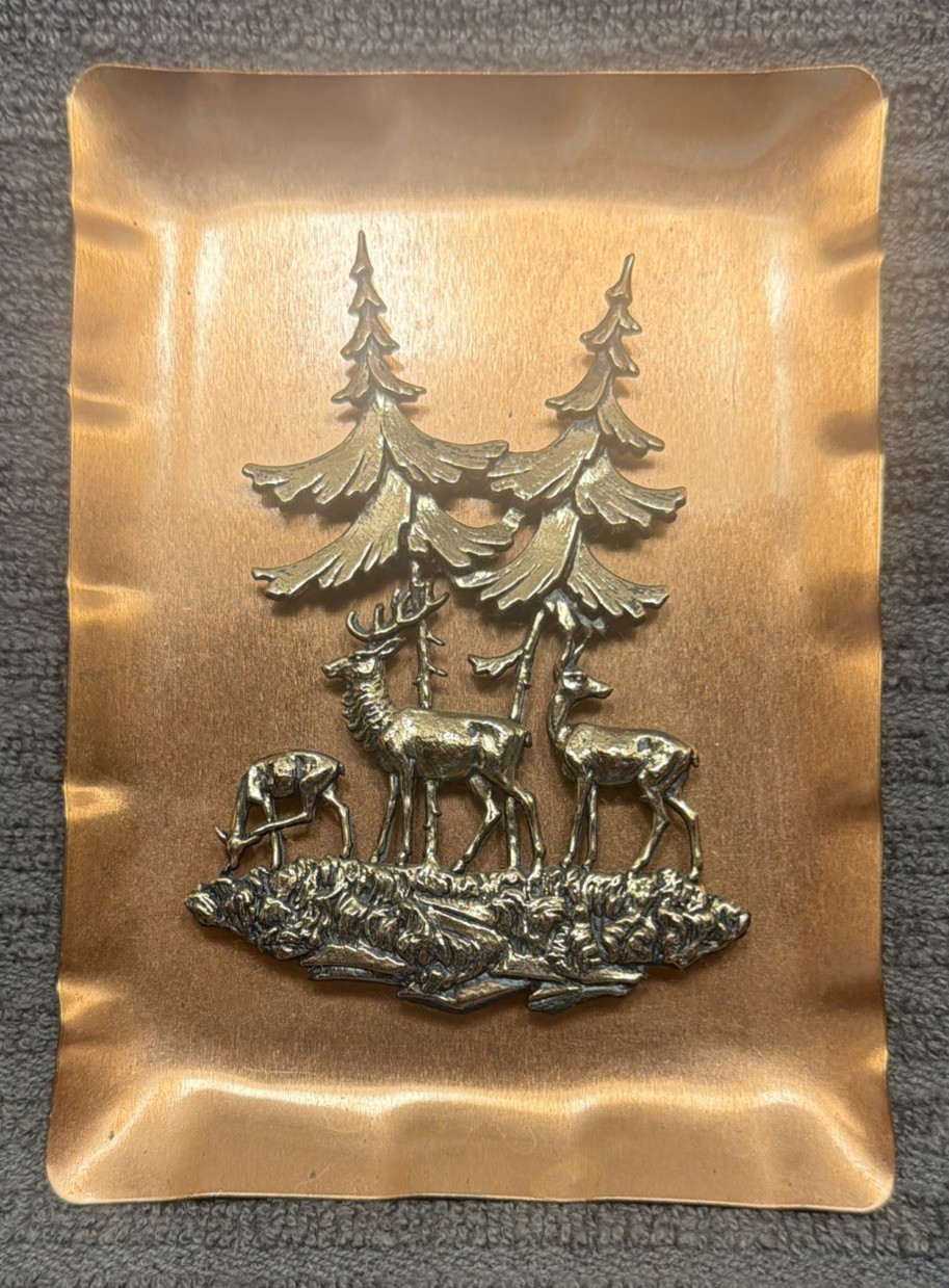 VTG Art Deco Style Copper Plaque Deer Pine trees Germany 3-D MCM 3.5” x 5”