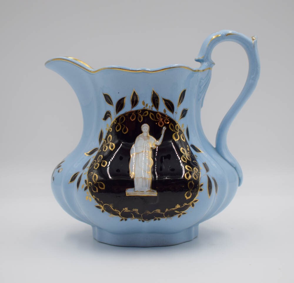 Antique Ridgeways Blue Pitcher Jug with Greco Roman Figure, Circa 1820
