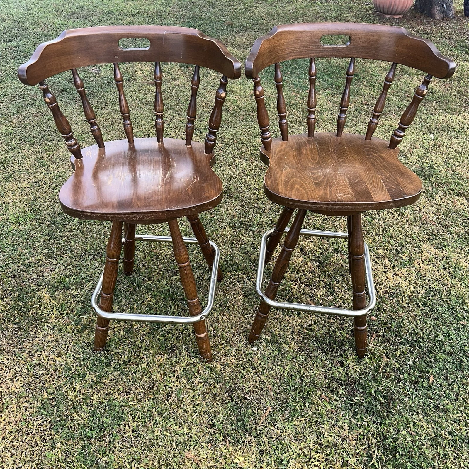 Vintage 40” MCM Style Pair Captains Solid Wood Swivel Bar Stool Dining Brown