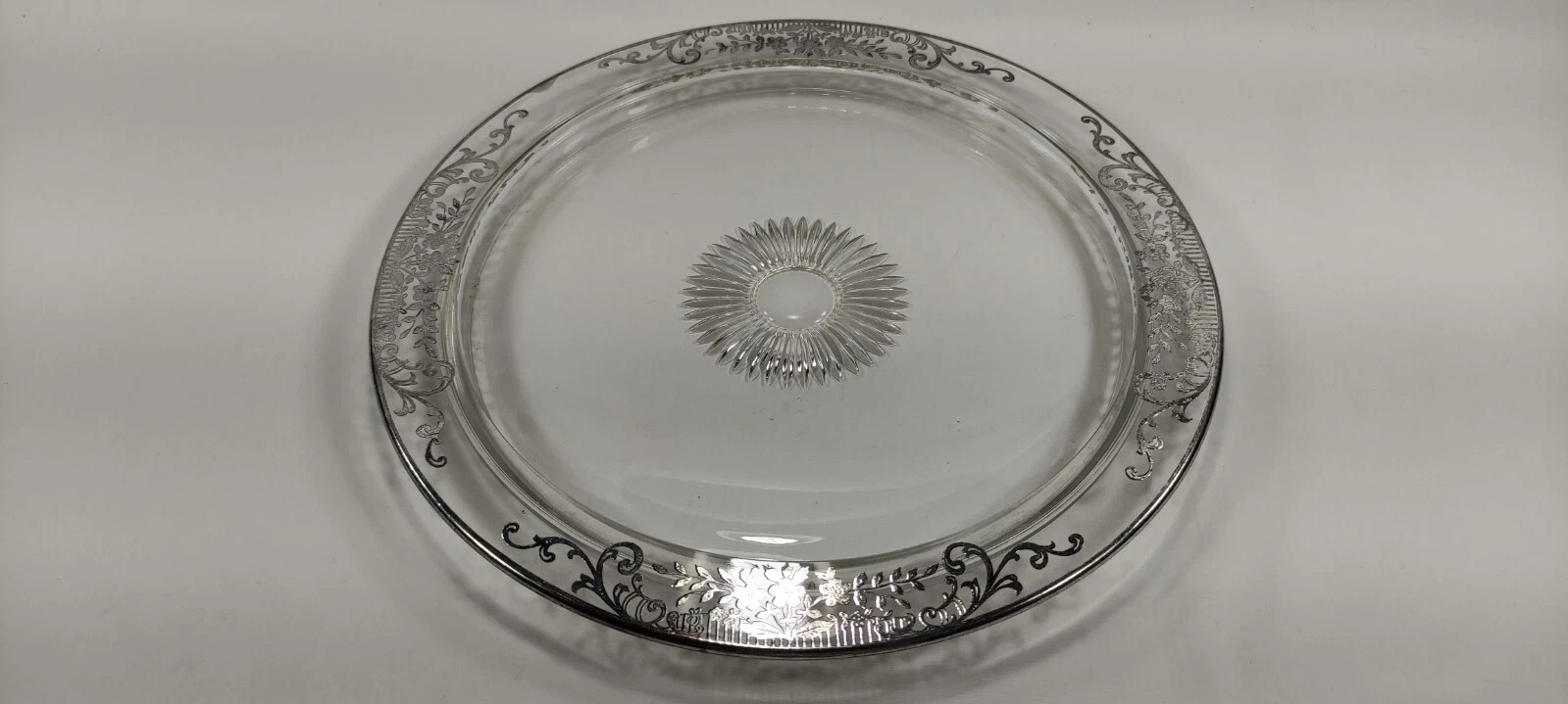 Vintage Sterling Silver Overlay Glass Crystal Serving Platter Tray Starburst