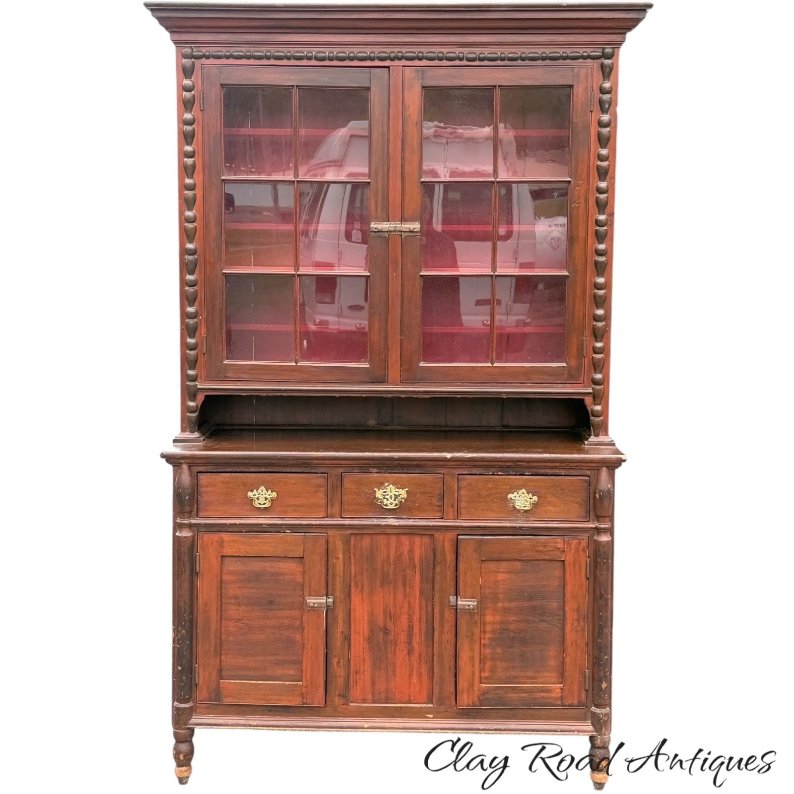 Antique Step Back Dutch cupboard cabinet sheraton poplar 1830s 12 light