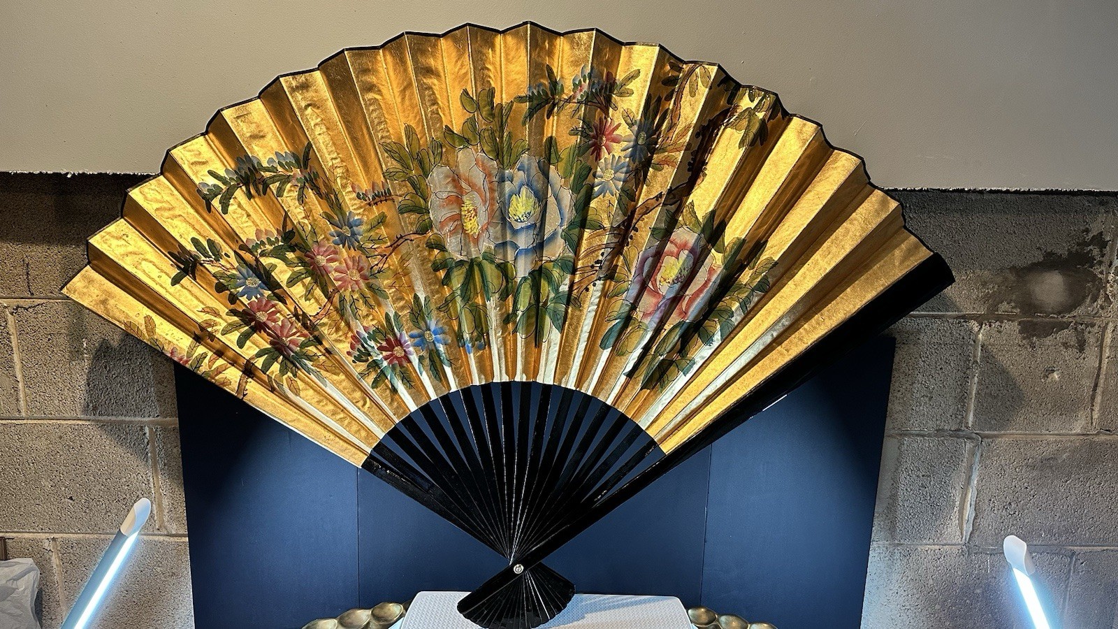 Vintage Hand Painted Oriental Folding Fan – Large Wall Hanging Art Decor 51”x36”