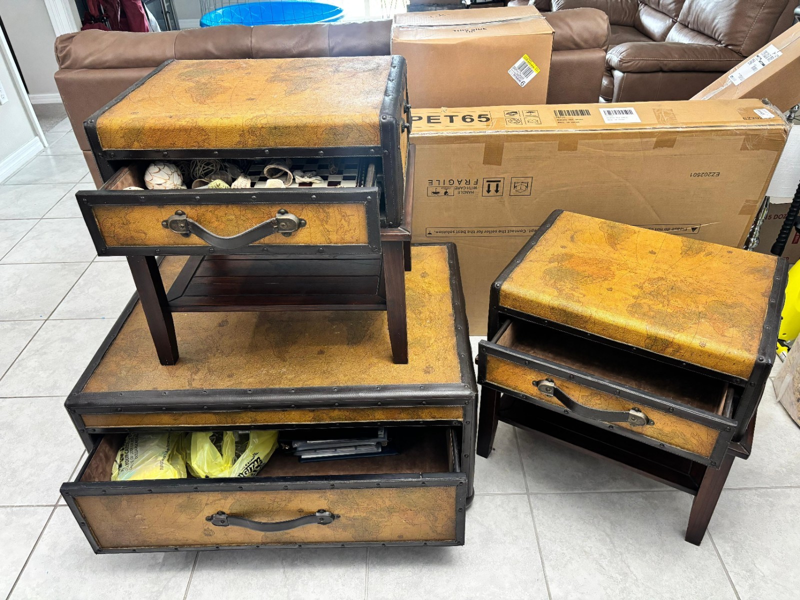 Antique Style Map Pattern Barrel-Top Trunks & Chests Set Wood Leather Brown Yel…