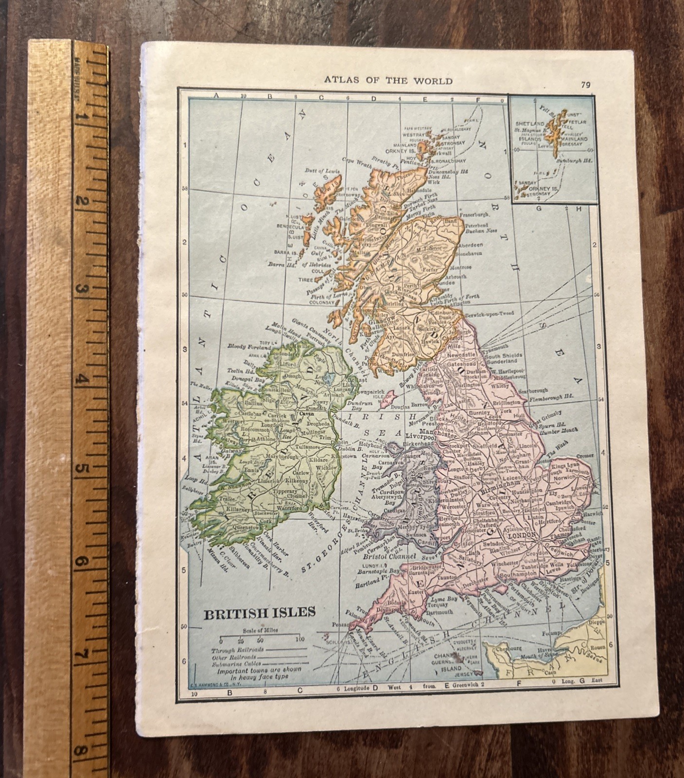 Antique 1910 United Kingdom British Isles/Asia 6×8” Color Atlas Map; C S Hammond