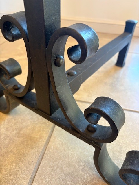 Grand Classically Made, Impressive Size Andirons, Hand Forged Iron Sun Burst 