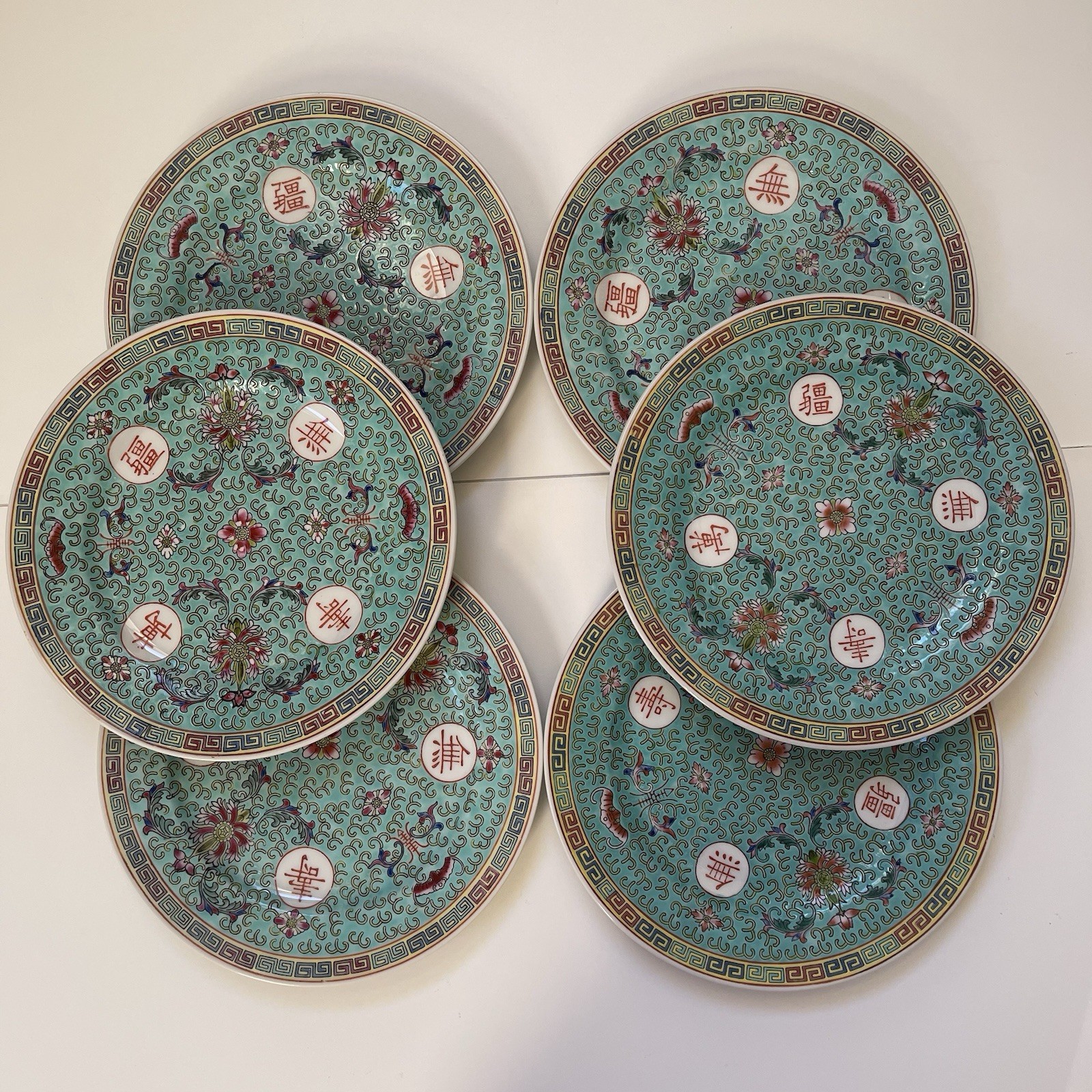 6 Chinese Hand Painting Mun Shou Longevity Antique Porcelain Dinner Plates 10”